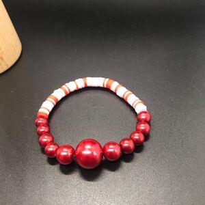 Cherry Red Faux Pearls & Clay Beaded Bracelet